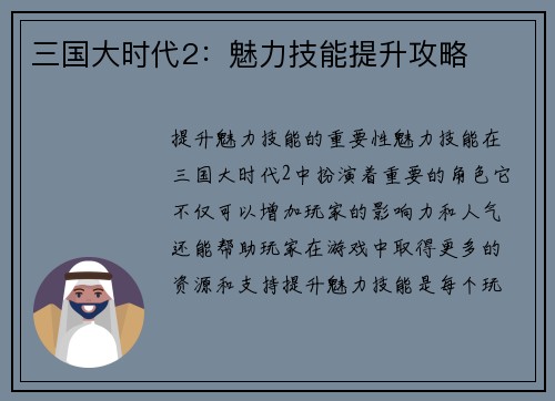三国大时代2：魅力技能提升攻略